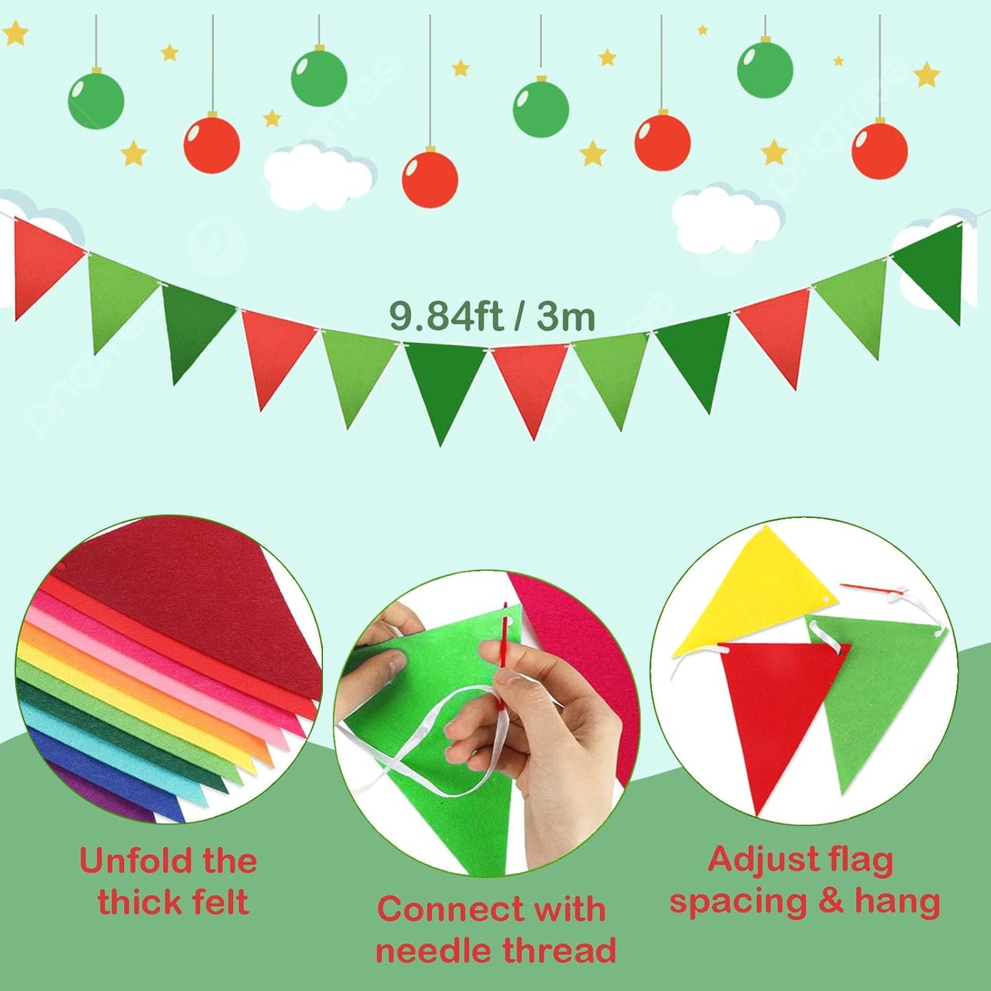 4 Pcs Christmas Tassel Garlands, 9.8 Feet Pom Pom Balls Garland Decor, Colorful Felt Fabric Pennant Banner, Boho Pastel Tassel Wall Door Hanging Decor for Xmas Party Classroom Home Ornament