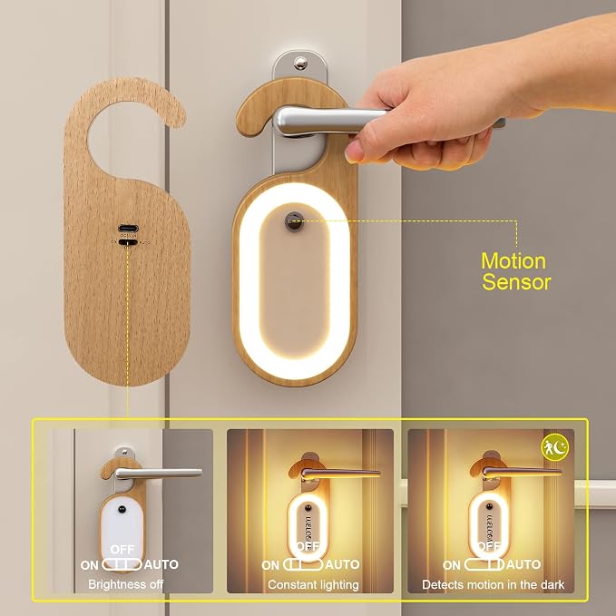 Hotel Door Sign Night Light with Motion Sensor, Reusable Message Board Doorknob Lamp, Wooden Finish LED Light for Bedroom Bathroom, Rechargeable Hook Design, 1-Pack