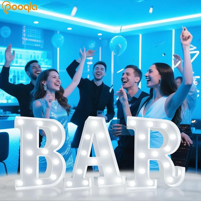 BAR - Illuminated Marquee Bar Sign for home decor - Light up LED Marquee Word Sign - Pre-Lit Pub Light Battery Operated Valentines Day Gifts for Him (Cool White)