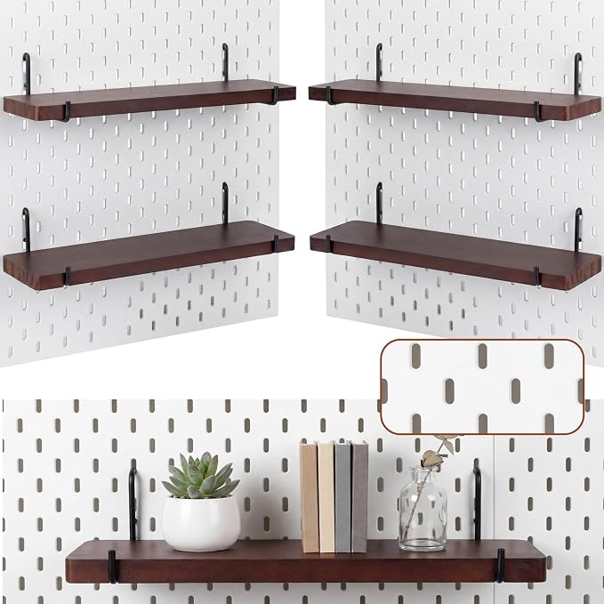 Novabright 4 Pcs Walnut Color Pegboard Shelves Set with Metal Brackets Hooks 11.8 x 4'' Wall Wooden Pegboard Shelving Heavy Duty Accessories for Crafts Office Garage, Compatible with IKEA Skadis