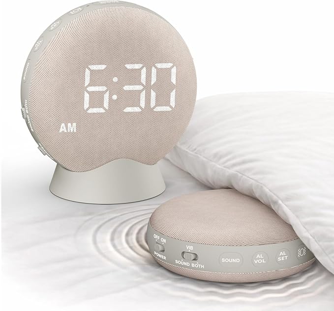 SolaceRise Super Loud Alarm Clock for Heavy Sleepers: Vibrating Digital Auto-Dim Clock with Bed Shaker for Hearing Impaired - Portable Rechargeable Battery for Bedroom Travel Dorm - Putty