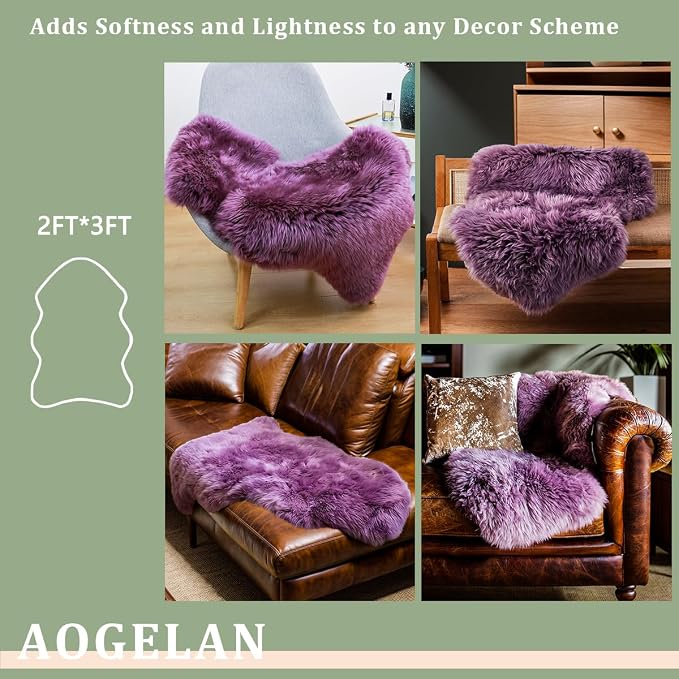 Fluffy Genuine Sheepskin Rug, Fuzzy Shaggy Fur Area Rug for Bedroom Living Room Soft Fur Wool Pray Pup Cushion Mat Carpet, Chair Sofa Seat Cover(Pansy Purple, Single Pelt/2FT*3FT)