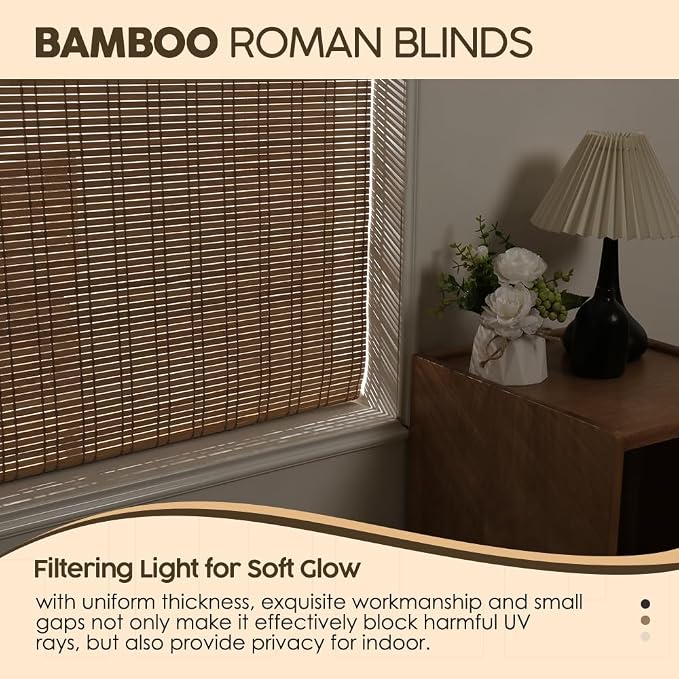Cordless Bamboo Roman Shades, Light Filtering Bamboo Shades Blinds Window Treatment Roll Up Blind for Windows, 41" W x 64" H, Natural