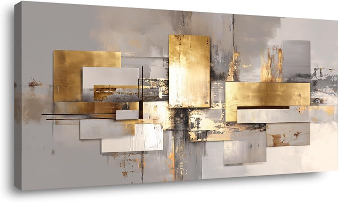 Ggaafet Gold Abstract Wall Art for Bedroom Canvas Painting Prints Golden Rectangle Art Deco Modern Artwork Office Family Room Decor