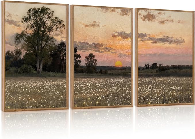 TOARTi Large Framed Countryside Landscape Canvas Wall Art, Wildflower Sunset Fireflies Painting Art Prints,Vintage Farmhouse Natural Scenery Wall Decor for Living Room Bedroom Office-16”x24”x3