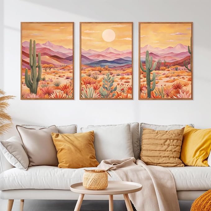 HOURIA 3Pcs Abstract Sunset Mountain Desert Cactus Canvas Wall Art(24"x36"),Vintage Southwest Landscape Arizona Wall Decor,Mid Century Modern Boho Wilderness Art Print for Office Farmhouse Living Room