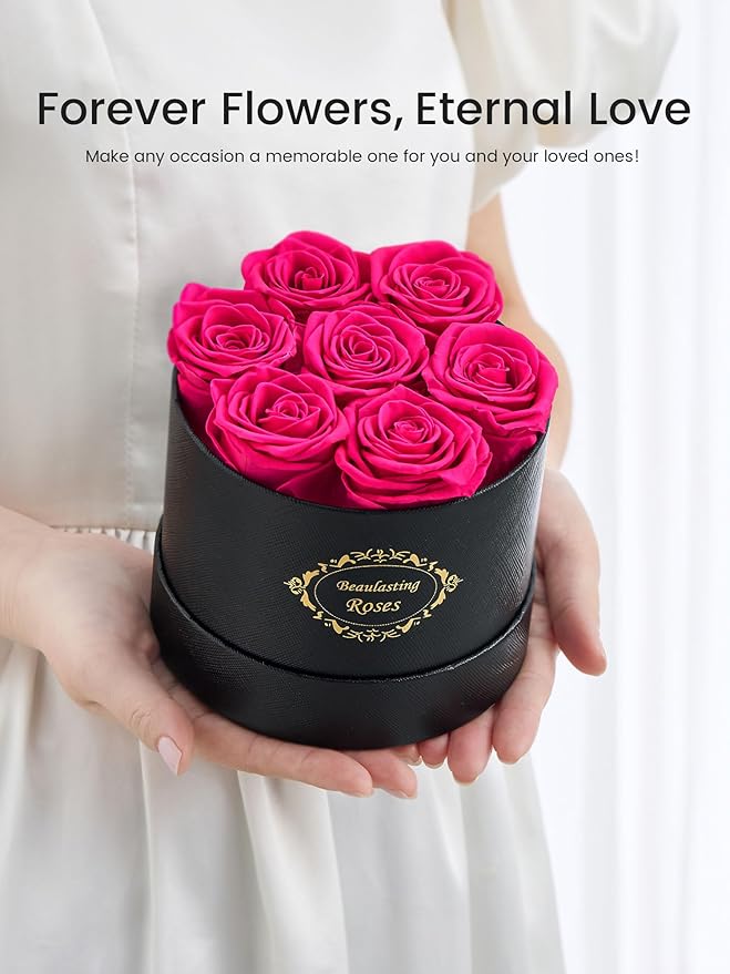 Beaulasting Long Lasting Preserved Roses in a Box Last a Year Forever Flowers for Her Mom Wife Anniversary Birthday (Round Black Box, Hot Pink)