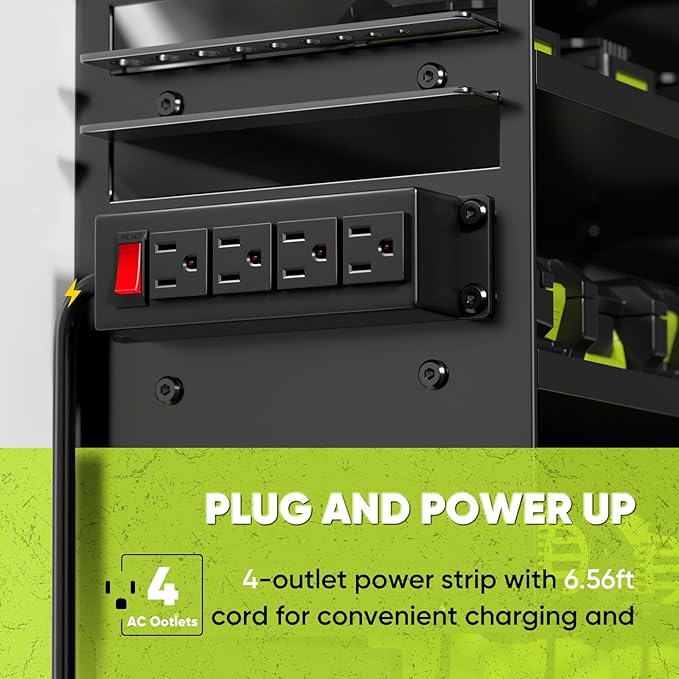 POKIPO Large Power Tool Organizer Wall Mount with Charging Station,4 Layer Heavy Duty Metal Tool Storage Rack Loads 600lbs with 8 Cordless Drill Holder,Battery Utility Rack Loads with 4 Power Strip