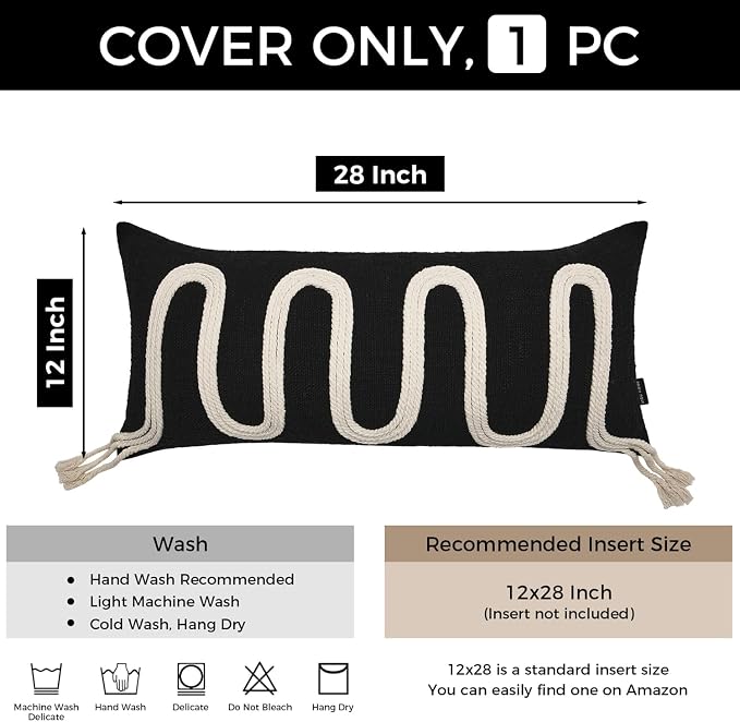 Black Decorative Lumbar Pillow Cover 12x28, Handwoven Boho Long Body Pillowcase, Farmhouse Linen Cotton Pillow Cushion Case for Sofa, Bed, Living Room, Bedroom