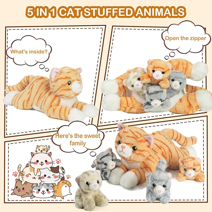 5 PCS Cat Stuffed Animal with Babies, Mommy Stuffed Orange Cat Toy with 4 Plush Kittens Inside Belly, Stuffed Kitty Plushies Toys for Kids Easter Stuffers Birthday Christmas Party Favors Gifts