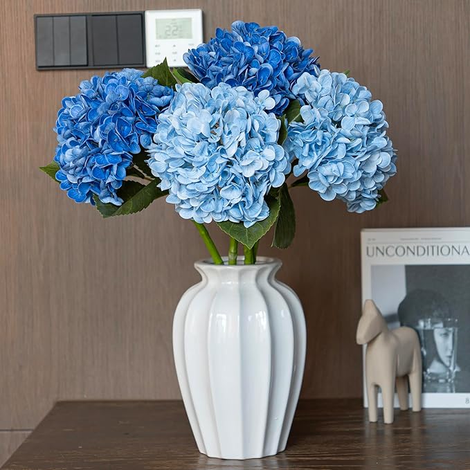 DUYONE 3PCS 22 inch Realistic Artificial Hydrangea Large Flowers Artificial Flowers Dry Flowers Outdoor Wedding Christmas Office Family Party Living Room Table Decoration (Dark Blue)