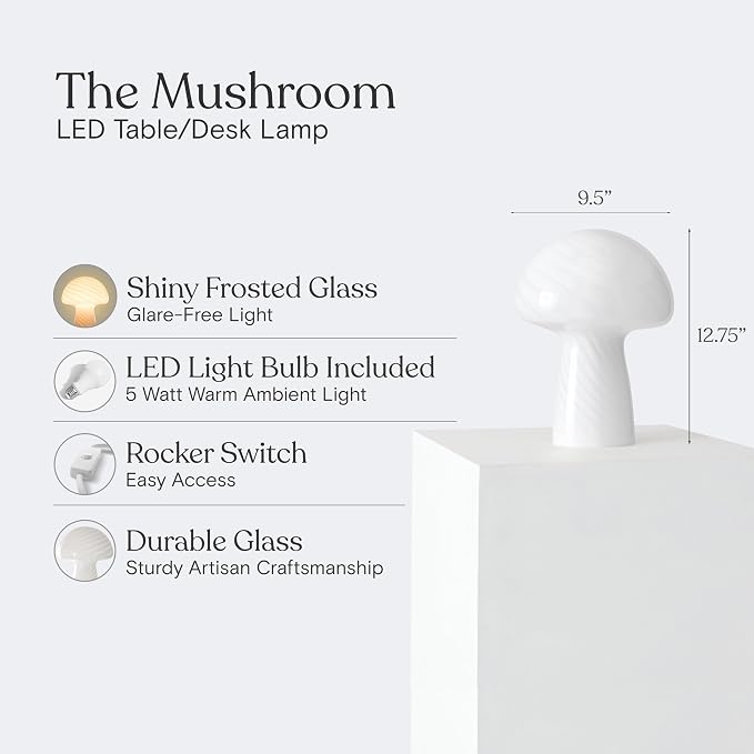Brightech Mushroom Table Lamp 12.75" - Elegant Modern Glass Lamp for Bedside Tables, Nightstands, Desks, Bookshelves - Cozy Ambient Night Light with Warm White Lamp Living Rooms, Bedrooms - White