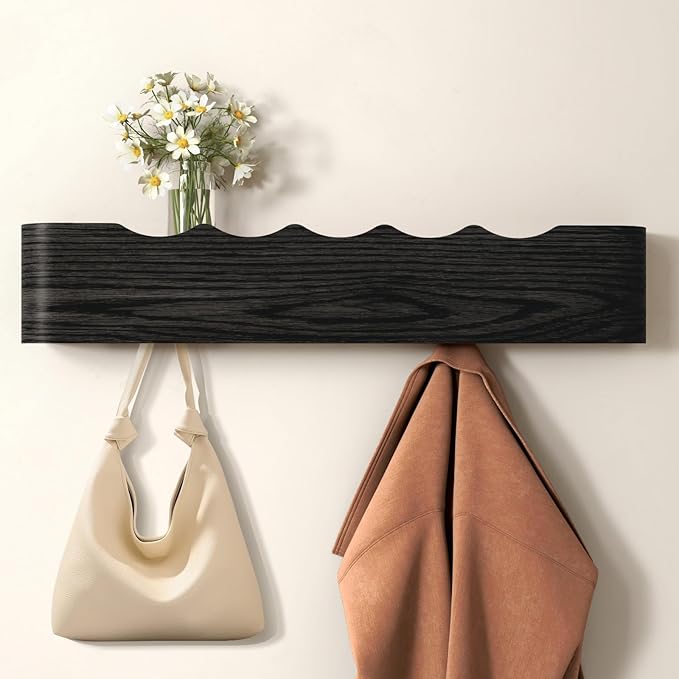 Wall Mounted Coat Rack with Shelf, Wooden Entryway Organizer with Hidden Metal Hooks for Hanging Coats Bags Keys, Modern Floating Shelf for Hallway Bathroom