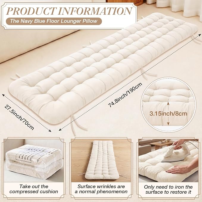 Wenqik Long Floor Cushion Large Floor Cushion with Brushed Cotton 74.8 x 27.5 x 3.15 in Jumbo Lounger Pillow for Outdoor Indoor Bay Window Meditation Yoga Reading Sleeping(White)
