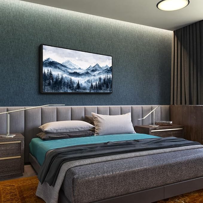 ERQINHUA Black Framed Canvas Wall Art For Bedroom Large Wall Decorations For Living Room Modern Office Mural Misty and Fog Forest Painting Mountain Landscape Pictures Artworks Home Decor 20x40 In
