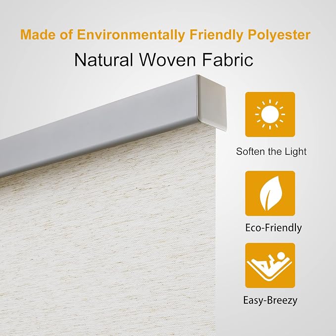 Persilux Custom Size Free-Stop Shades with Valance, Natural Woven Cordless Blinds, Light Filtering Roller Shades for Home, Roller Window Shades, Door Blinds for Windows (Cream)
