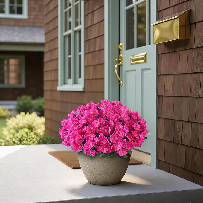 8 Bundles Artificial Flowers for Front Door, Fake Silk Azalea Bouquet Silk Flowers for Outside UV Resistant Realistic Faux Plants for Planter Farmhouse Patio Garden Walkways Home Decor (Rose Red)