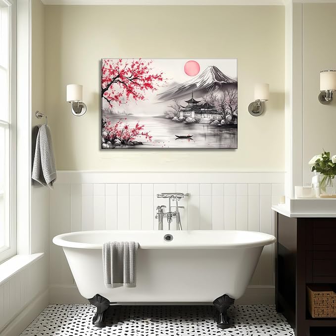 Large Japanese Wall Art Asian Landscape Watercolor Canvas Prints Red and Black Cherry Blossom Trees Picture Vintage Painting for Living Room Home Office Wall Decor Framed - 28.00x42.00 inch