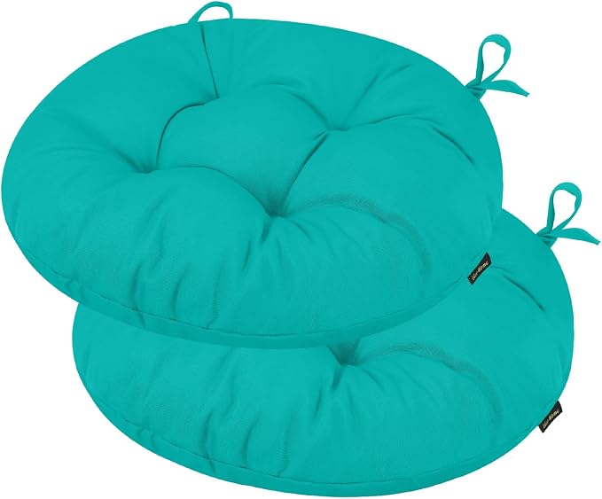 idee-home Outdoor Bistro Chair Cushions Set of 2, Round Seat Cushions | 18”x18”x 6” Thick Outdoor Round Seat Pads Tufted with Ties, Waterproof Patio Furniture Pads for Garden