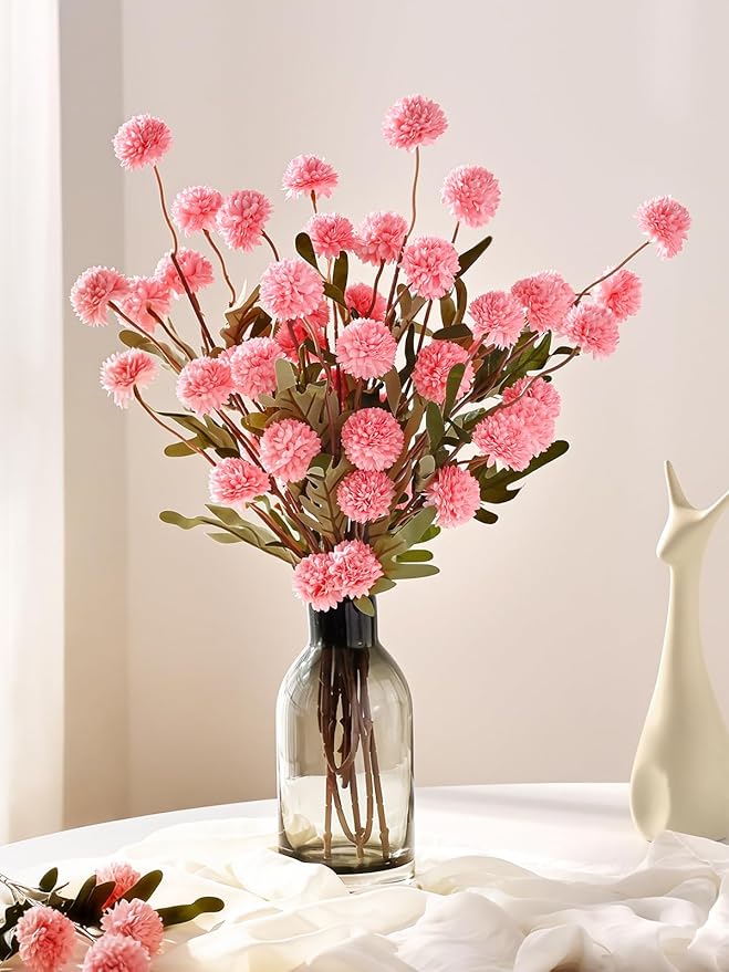 Waipfaru 10pcs Fake Flowers, Artificial Pompon Mums, Bulk Faux Chrysanthemums Flowers for Indoor Home Decorations, Boho Decor, Pink, No vase