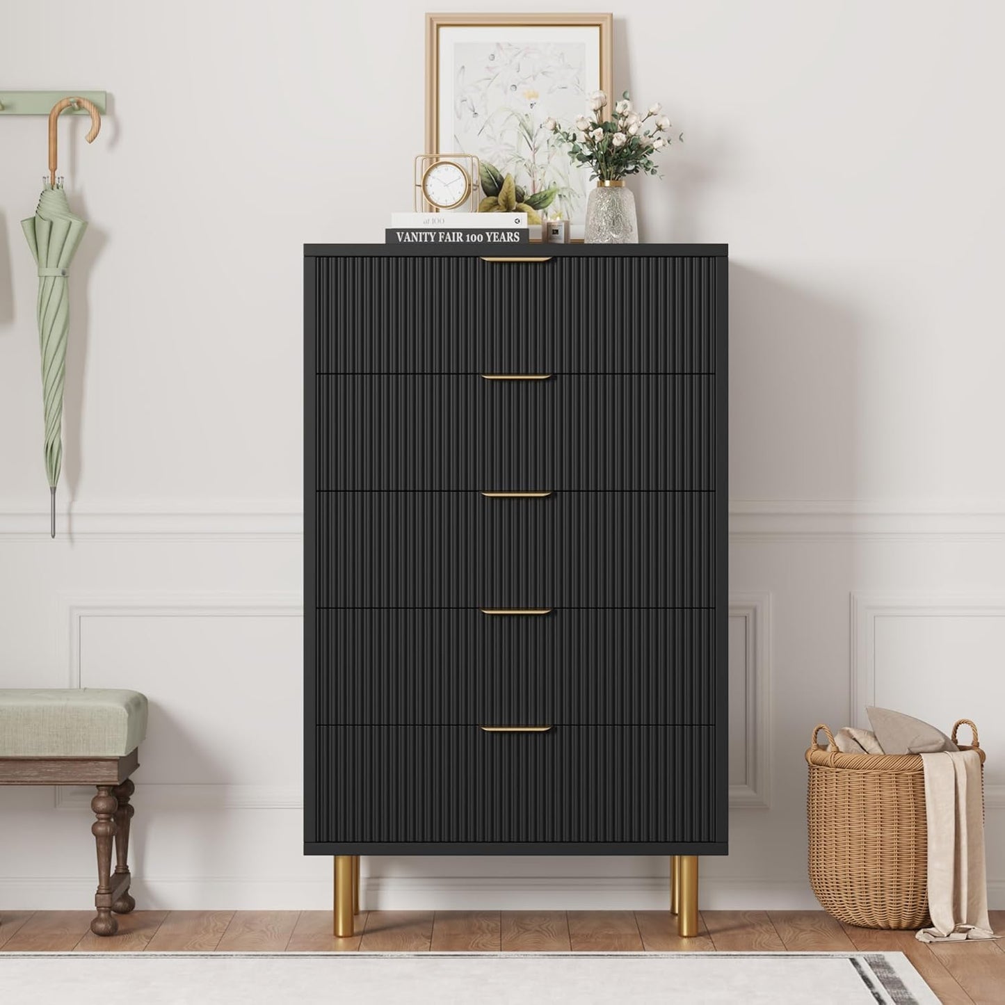 GAOMON 5 Drawer Dresser, Wood Chest of Drawers Organizer Storage with Gold Handle, Tall Storage Cabinet, Modern Design Dresser for Bedroom, Living Room, Closet, Hallway, Entryway, Black