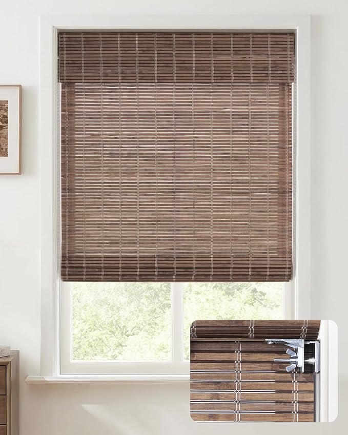 UNISHADES No Drill Cordless Bamboo Roman Shades, 29×64 in, Driftwood | Natural material, Light Filtering, Easy Install