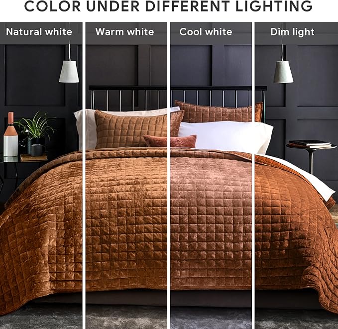 RECYCO Luxury Velvet Quilt Set Full Queen Size Bedding Sets, Ultra Soft Velvet Comforter Set, Lightweight Oversized Bedspread Quilted Coverlet for All Season, with 2 Pillow Shams, Rusty Burnt Orange