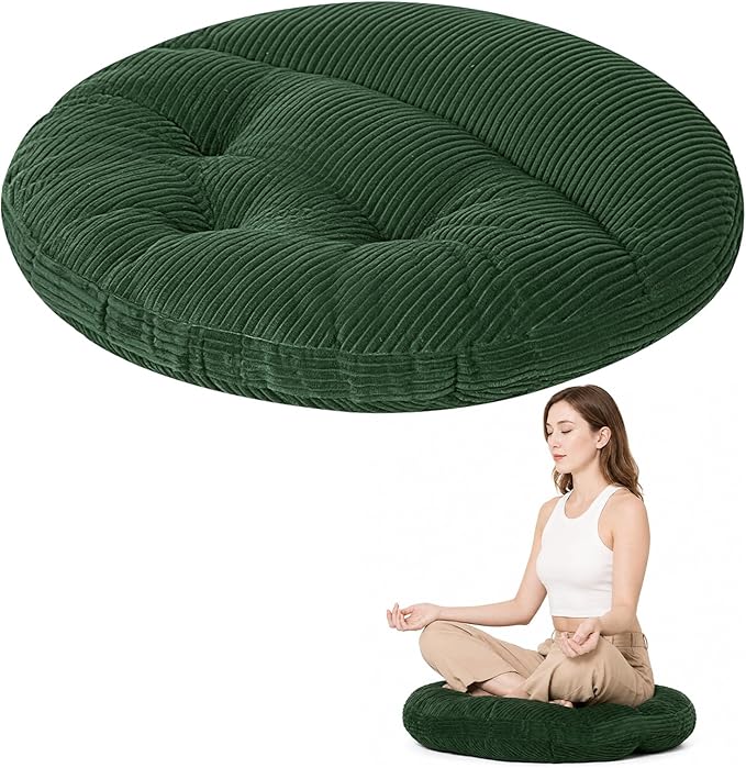 Meditation Cushion, 32 Inch Large Round Floor Pillow, Green | Soft Tufted Corduroy Meditation Pillow for Adults with Handle for Yoga, Cozy Meditation Mat for Reading and Tatami Seating