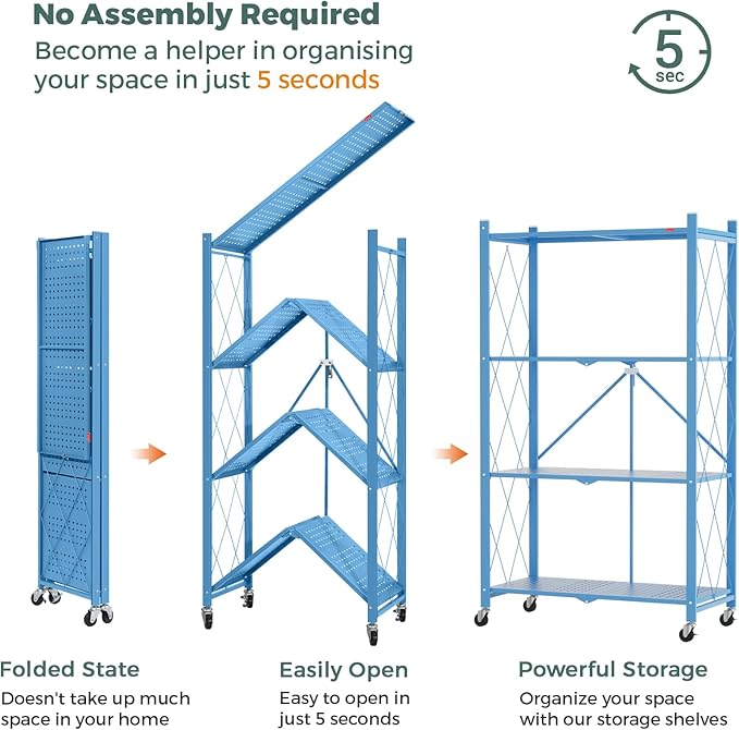 DEANIC 4 Tier Foldable Storage Shelves with Wheels, Large Capacity Shelving Unit, Freestanding Metal Wire Shelf Rack, No Assembly Organizer Rack for Garage Kitchen, Basement(Blue)