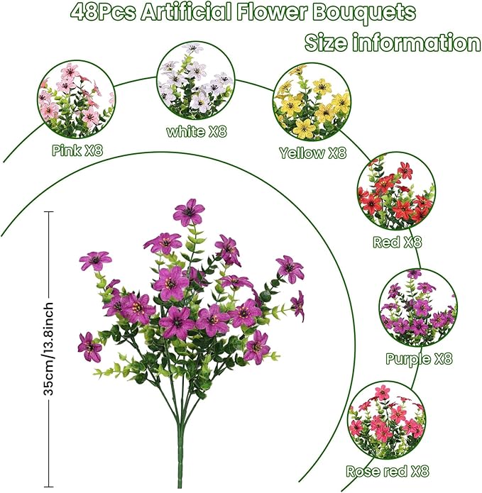 SHareconn 48 Bundles Artificial Flowers for Outdoors Spring Decoration, Fake Silk Realistic Faux Plants UV Resistant No Fade for Home Planter Porch Patio Summer Indoor Outside Decor, Mix 6 Colors