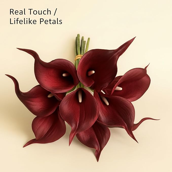 Floral Kingdom 20 Pack 14" Calla Lily Artificial Flowers – Real Touch Burgundy Latex Flowers for Home Decor Tabletop Centerpieces Living Room & Weddings