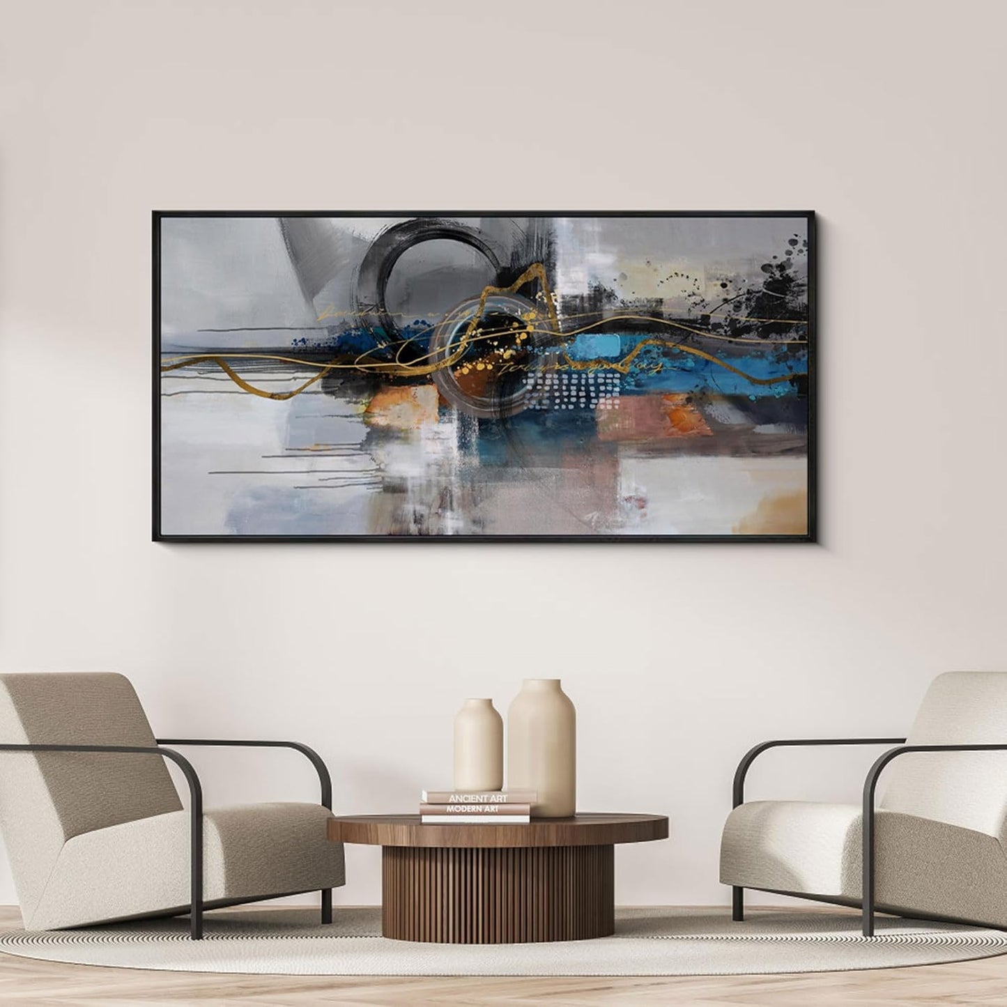 XLSJERST Large Abstract Frame Wall Art - Black and Blue Cnavas Framed Artwork for Walls Modern Minimalist Boho Gray Pictures Wall Decor for Living Room Bedroom Office Home Decoration 20x40 Inches