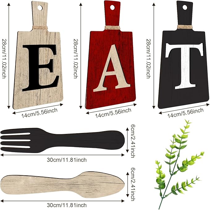 Jetec Cutting Board Eat Sign Set Hanging Art Kitchen Eat Sign Farmhouse Fork and Spoon Wall Decor Rustic Primitive Country Kitchen Decor for Home over Cabinet Decoration(Red, Black, Beige)