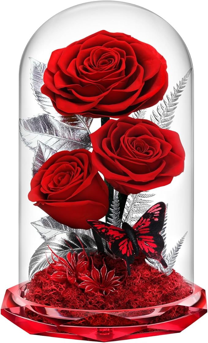 Forever Roses in Glass Dome - Preserved Flowers,Birthday for Her Women Valentine's Day, Mother's Day, Anniversary A-Grade Red Roses, Home Decor for Girlfriend,Wife, Mom (Red)