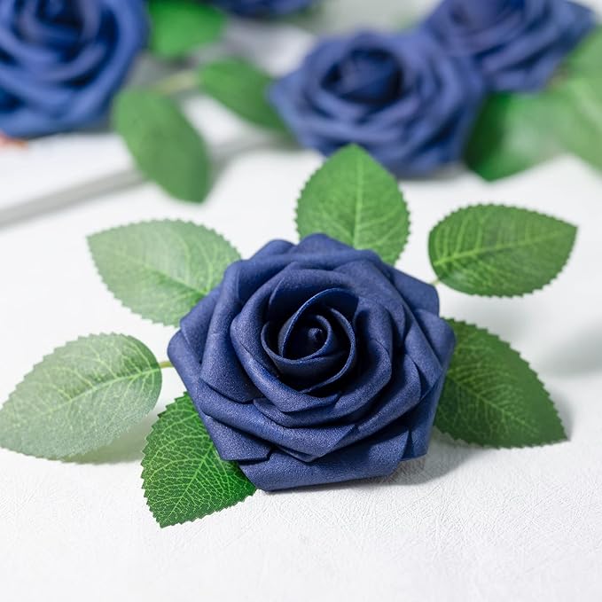 Mocoosy 50Pcs Roses Artificial Flowers, Navy Blue Fake Roses for Decorations, Real Touch Foam Rose Bulk with Stems DIY Wedding Bouquet Bridal Shower Mother's Day Floral Arrangement Party Home Decor