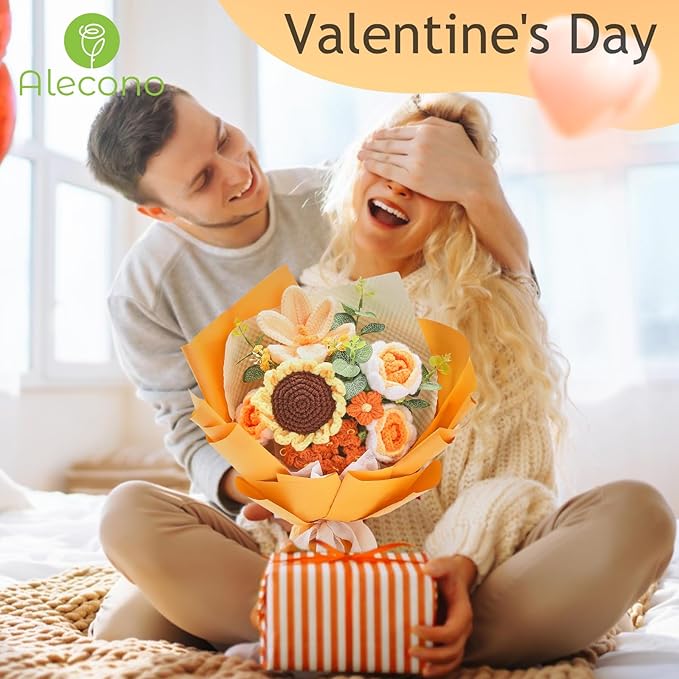 Alecono Crochet Flower Bouquet, Orange Knitted Flowers, Crochet Sunflower Flower for Lover Valentines Day Anniversary Birthday Party Mother's Day Graduation Gifts (Include Card)