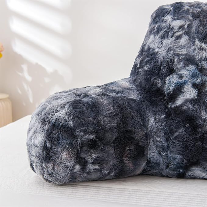 A Nice Night Faux Fur Reading Pillow Bed Wedge Large Adult Children Backrest with Arms Back Support for Sitting Up in Bed/Couch for Bedrest,Tie Dyed Gray