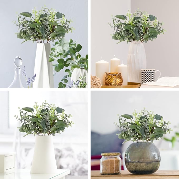ZeKonan 80 Pcs Mixed Eucalyptus Leaves Stems Bulk Artificial Silver Dollar Leaves for Vase Bouquets Baby Eucalyptus Leaves for Family Wedding Center Flower Arrangement