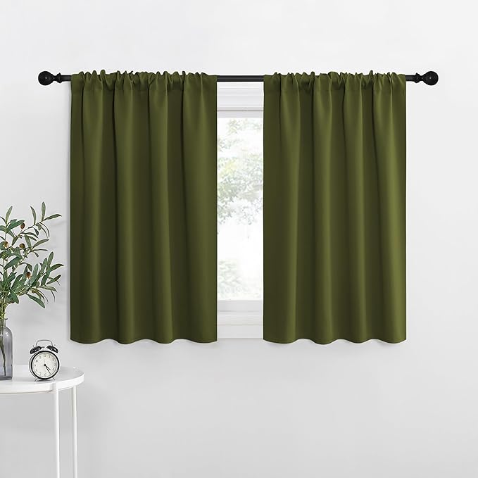 NICETOWN Kitchen Curtains, Olive, 34" x 40", Set of 2, Short Blackout Curtains & Drapes, Thermal Insulated Rod Pocket Window Treatment Draperies for Nursery