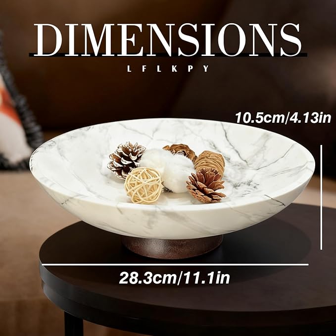 White Marble Texture Decorative Bowl with Acacia Wood Base – 11" Modern Pedestal Fruit Bowl for Table Centerpiece, Entryway or Kitchen Décor