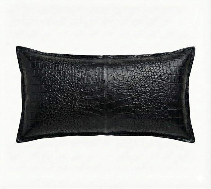 Genuine Leather Pillow Cover Case for Lumbar Throw Couch Pillows - Modern Farmhouse Decorative Sofa Thick & Soft Cushion Covers (Croc Black, 12" x 20")