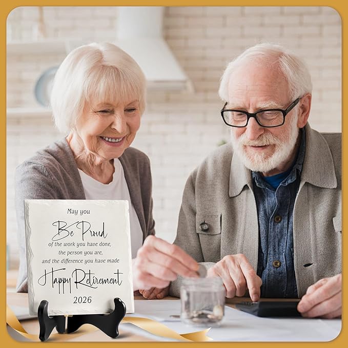 LukieJac Retirement Gifts for Women Men 2026 Retirement Party Decoration Best Ceramic Retirement Plaque 6"*6" Happy Retirement Table Decorations Sign for Teacher Nurses Coworker