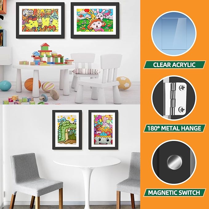 4 Pack Kids Art Frames 8.5x11 Inch Kids Artwork Flip Frame Changeable for Picture Display, Children School Drawing Projects Storage, Wall Hanging, Front Opening, Black