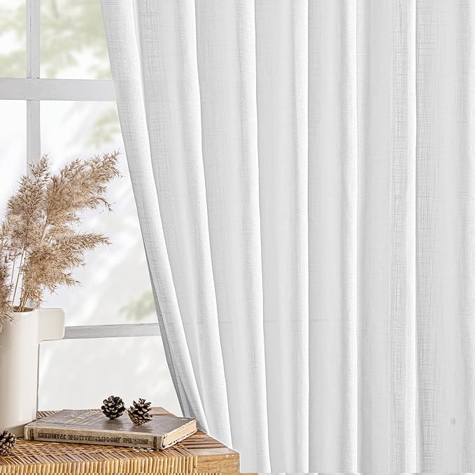 MIULEE White Linen Curtains Short 54 Inch Long 2 Panels for Kitchen Bedroom, Soft Thick Linen Textured Window Drapes Semi Sheer Light Filtering Back Tab Rod Pocket Burlap Look Decor