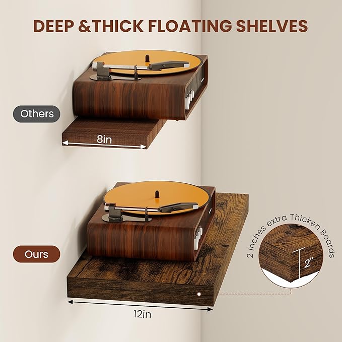 Vivelove 12" Deep Floating Shelves for Wall 30" Long, Wall Shelves for Living Room Bedroom Bathroom Kitchen Laundry Room, Farmhouse Rustic Shelves for Home Decor, 30" X 12" X 2" Set Of 2, Rustic Brown