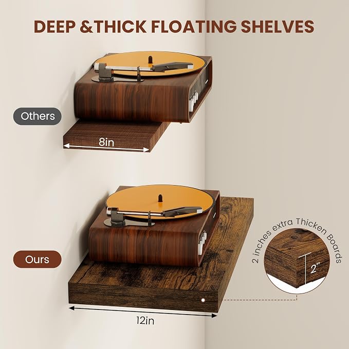 Vivelove 12" Deep Floating Shelves Over Toilet, 24" Wall Shelves for Bathroom Bedroom Kitchen Living Room Laundry Room, Farmhouse Rustic Shelves for Home Decor, 24" X 12" X 2" Set of 2, Rustic Brown