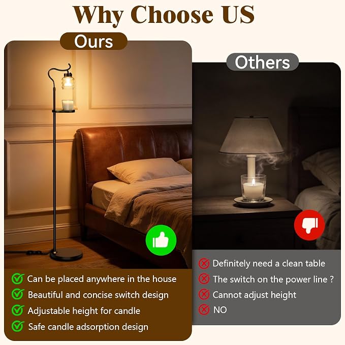 Candle Warmer Floor Lamp with Timer, Dimmable Candle Warmer for Home Decor, Height Adjustable Floor Warmer, Birthday Gifts for Girlfriend Mom Christmas Mother's Day Gfit (Brown TOP)