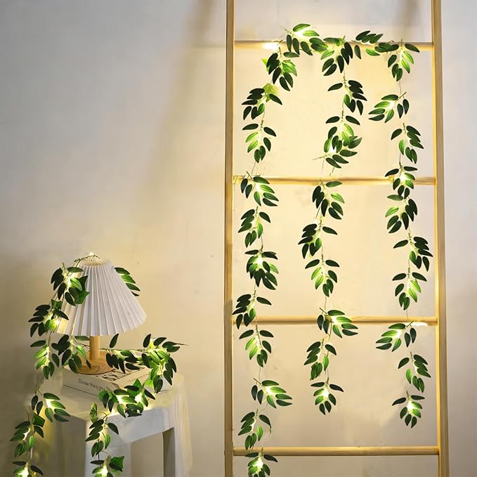 RECUTMS Willow Leaves String Lights 2Packs Artificial Leaf Rattan Light Hanging Vine 20LEDs Battery Operated Ivy Greenery for Home Wedding Party Wall Indoor Outdoor Decor