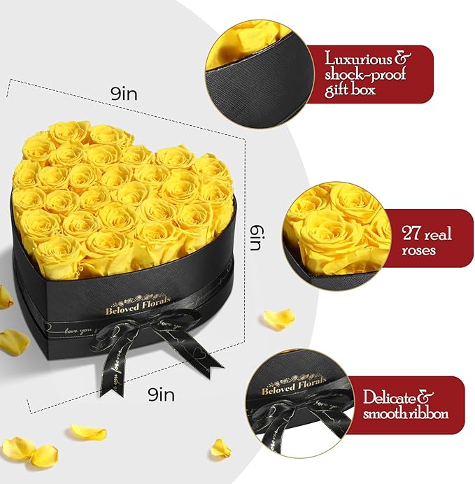 27 Preserved Flowers Rose Birthday Gifts for Women Her Mom Wife Girlfriend Grandma on Valentines Mothers Day Christmas Anniversary Romantic(Yellow)