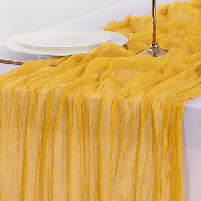 Socomi 3pcs Gold Yellow Easter Spring Cheesecloth Table Runner Boho Rustic Gauze 120 inch 10FT Cheese Cloth Runner for Wedding Party Baby Shower Birthday Home Decor Holiday Decorations